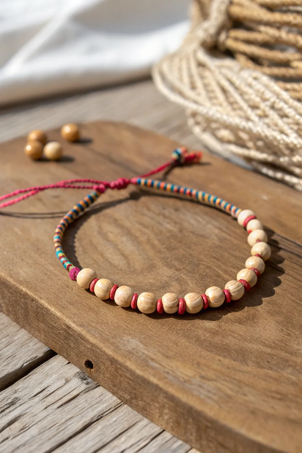 Embrace the summer with handcrafted wooden bead anklets for a chic bohemian flair.