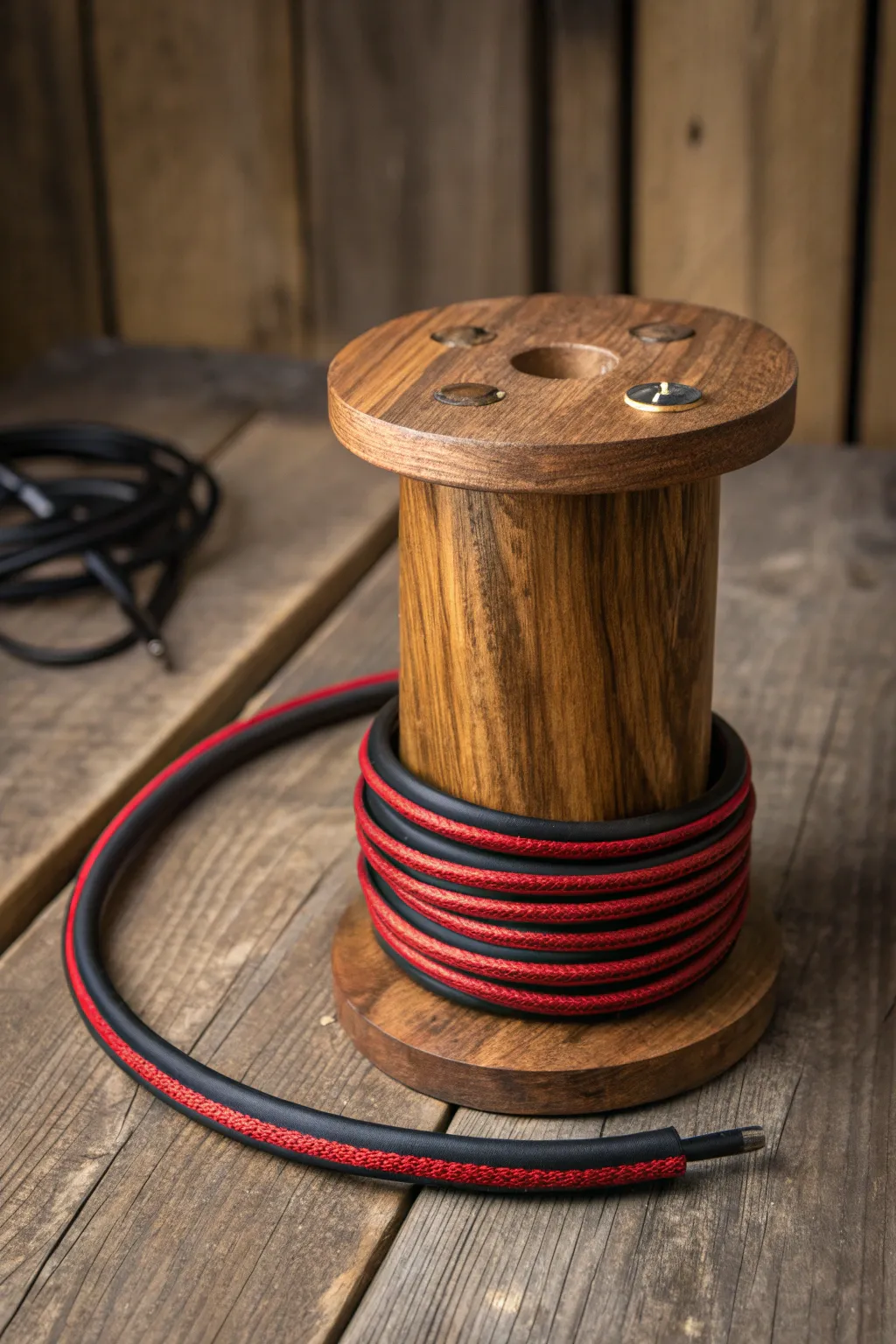 Elevate your garage style with this DIY wooden spool for cable storage.