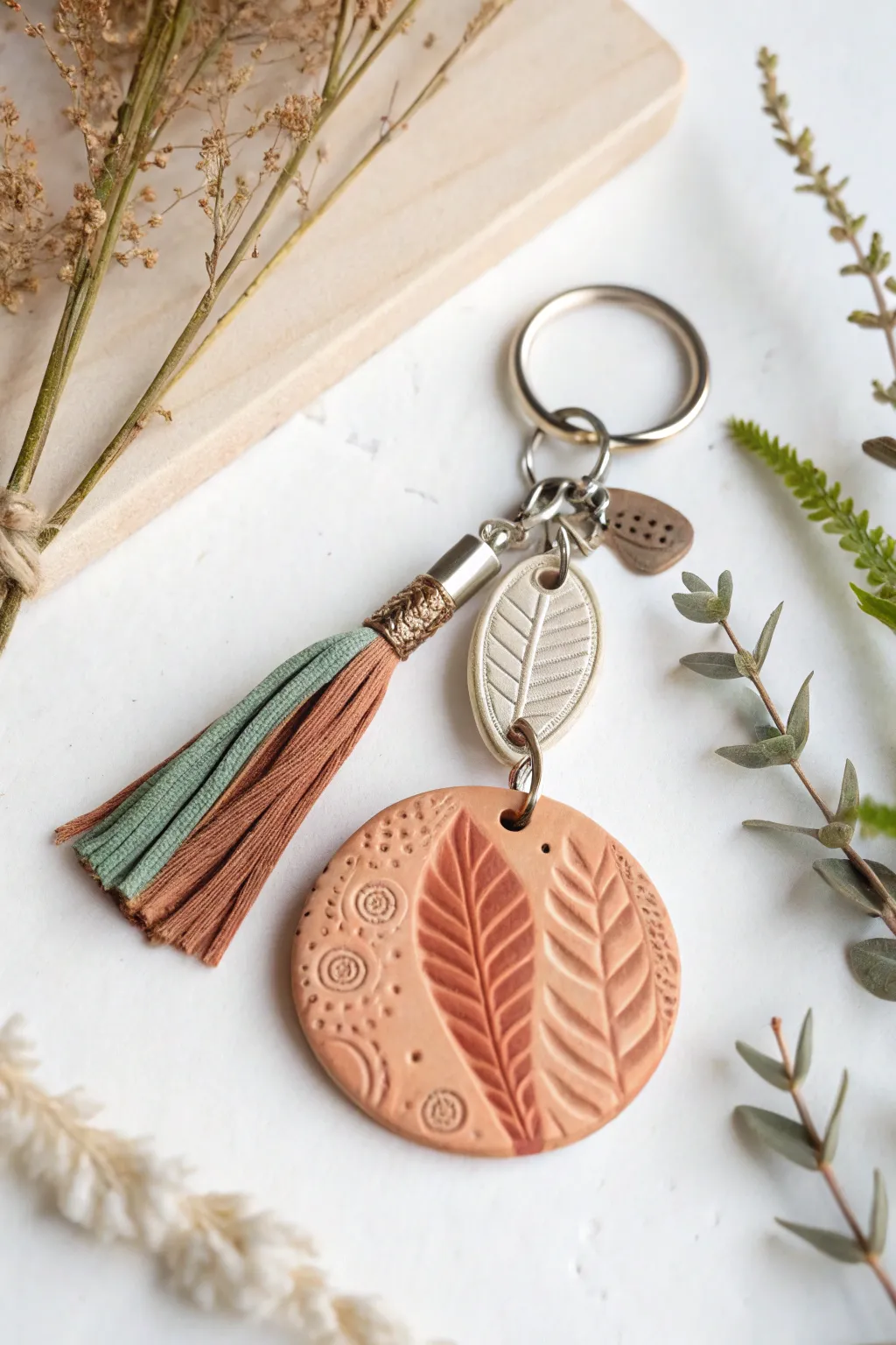Embrace the art of simplicity with a handmade air dry clay keychain, where minimalism meets boho elegance.