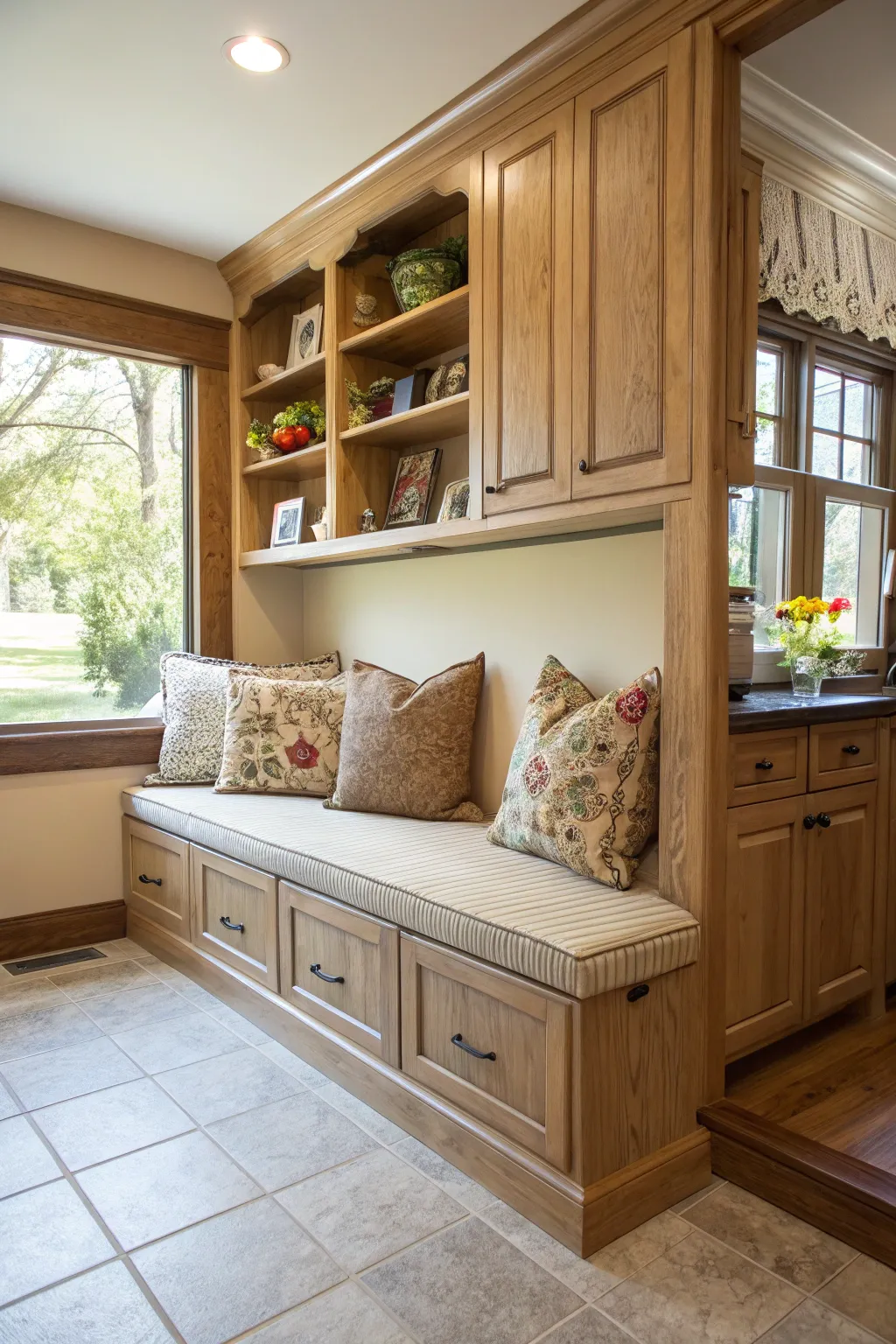 A built-in bench offers extra seating and storage in this kitchen alcove.