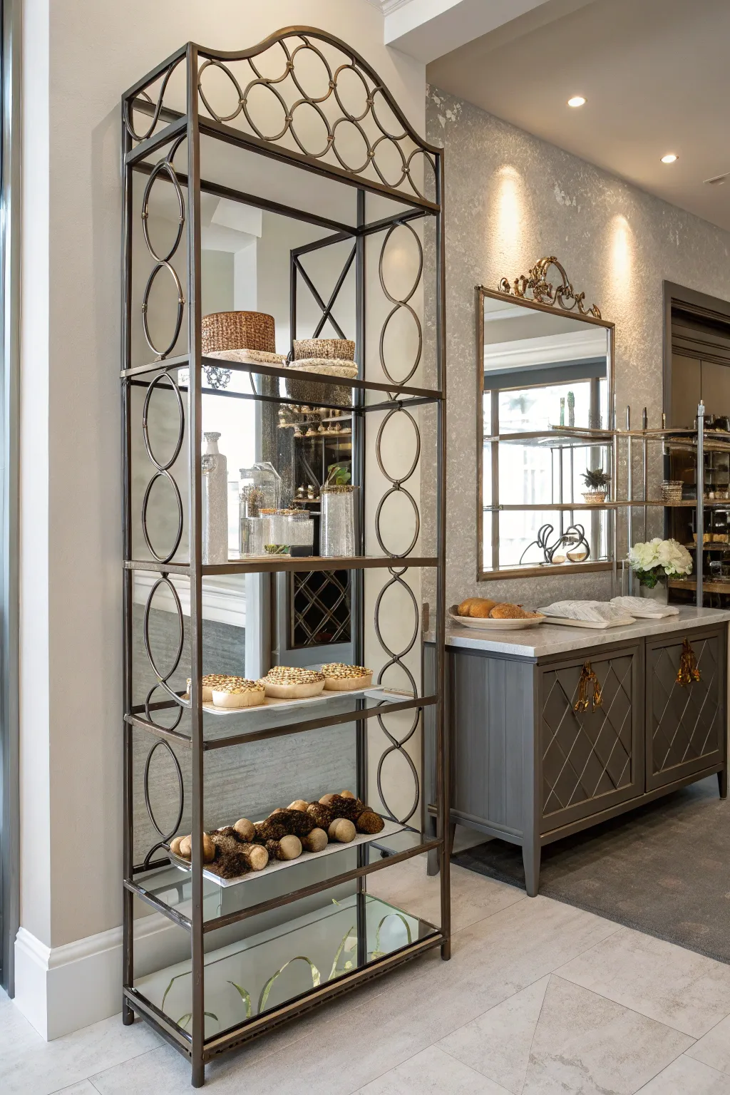 Mirrored accents enhance light and space.