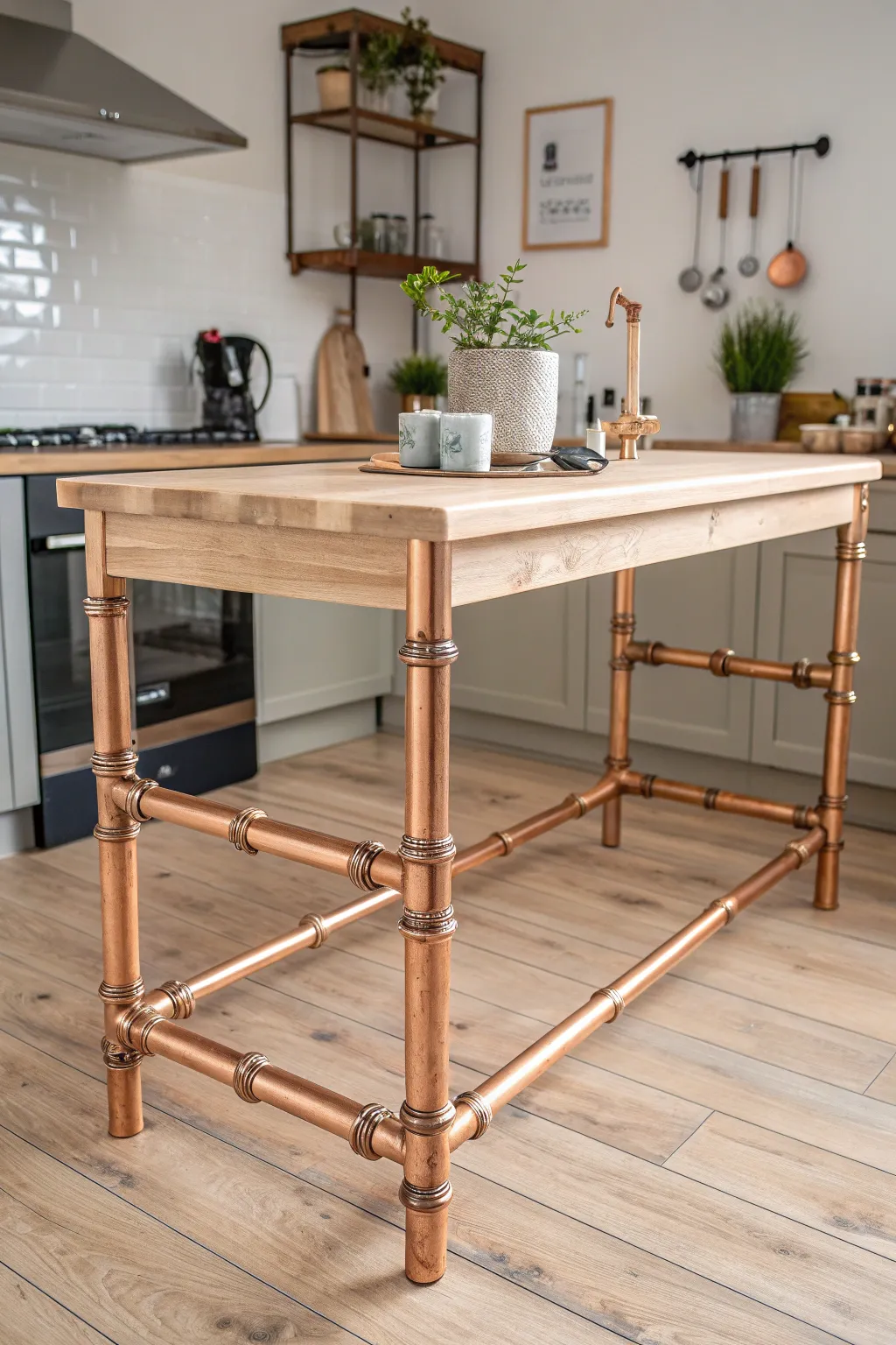 Elevate your kitchen with the luxurious glow of copper pipe creativity. A DIY masterpiece in minimalist elegance.