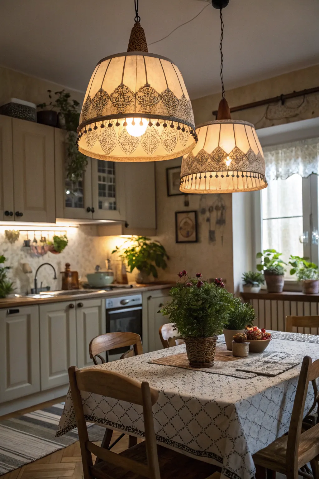 Fabric shades provide a cozy, inviting glow.