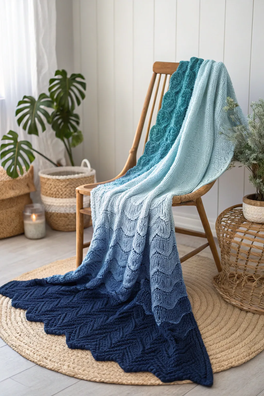 Embrace the tranquility of ocean waves with this stunning gradient knit blanket.