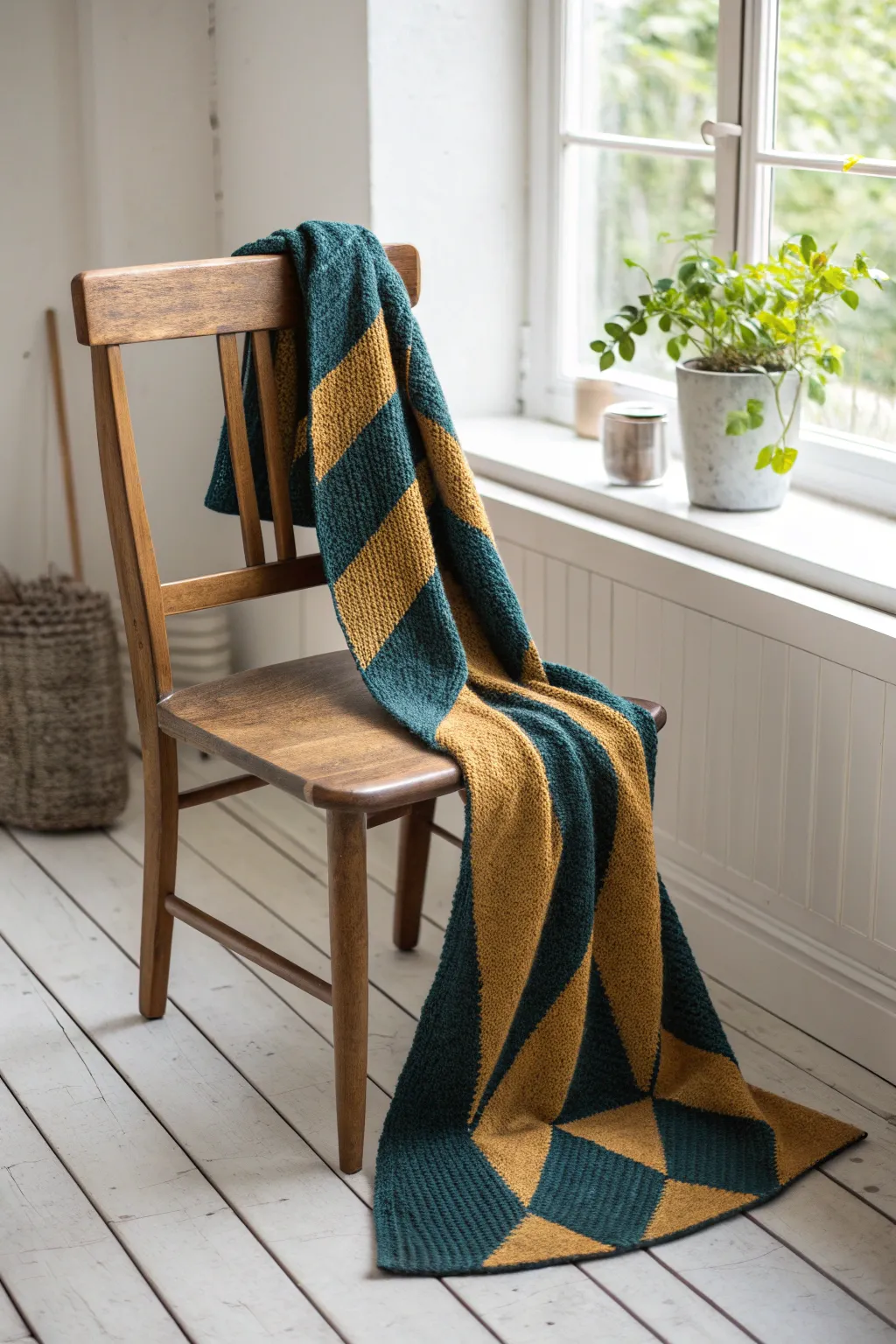 Elevate your style with the modern elegance of a diagonal knit scarf, where craftsmanship meets minimalist beauty.