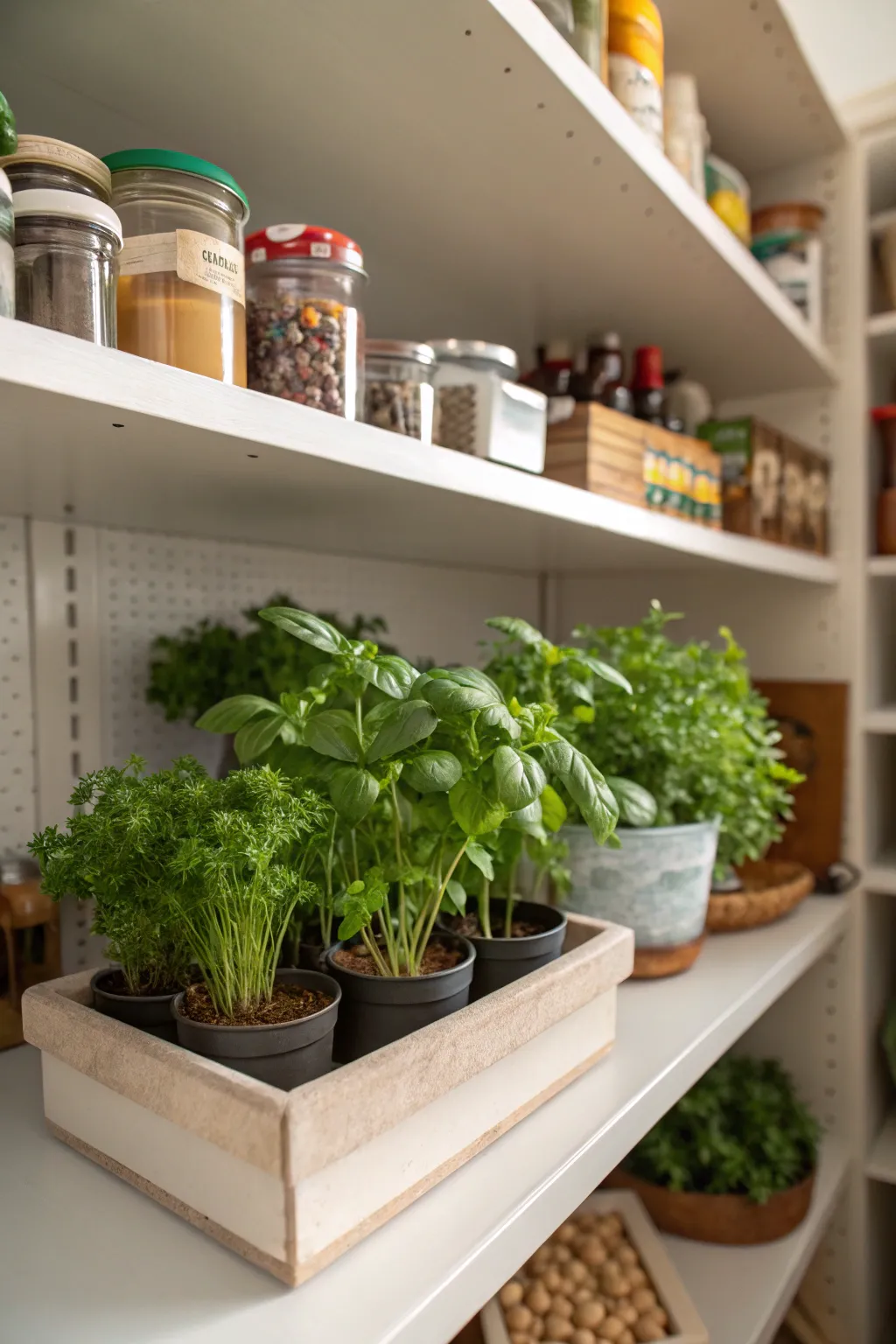 A mini herb garden within an L-shaped pantry, adding freshness and greenery.