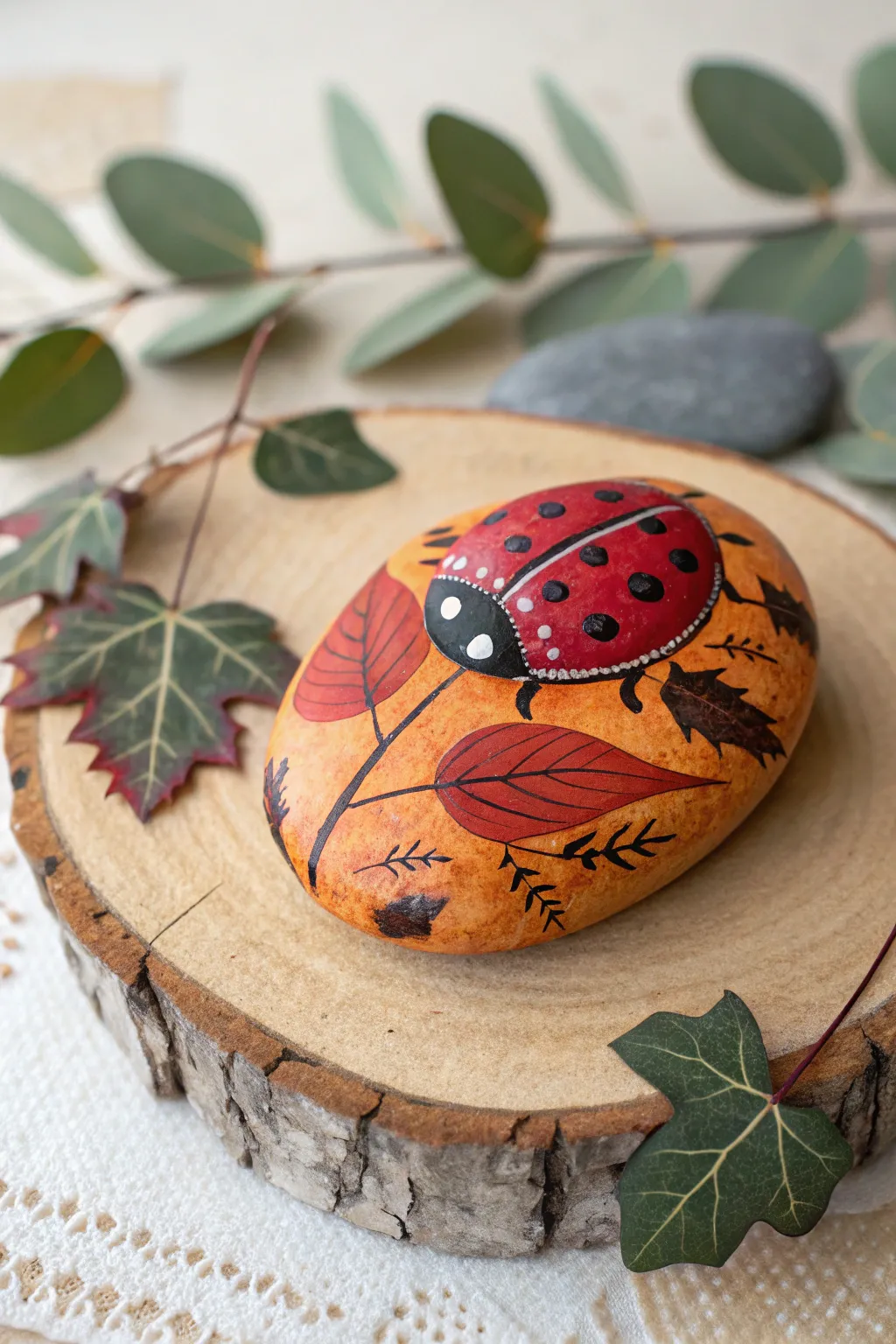 Capture the essence of fall with this charming autumn-themed ladybug rock art. 🍂✨
