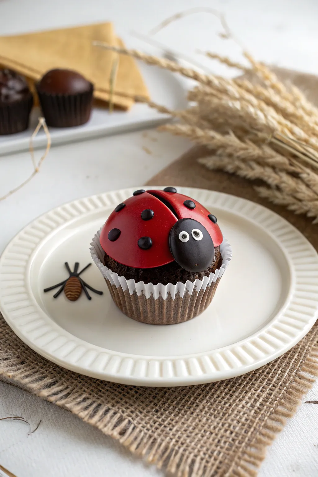 Indulge in the charm of simplicity with this chocolate-shelled ladybug cupcake.