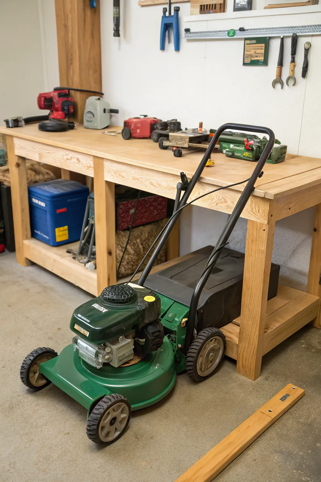 A lawn mower with a folded handle neatly stored under a workbench.