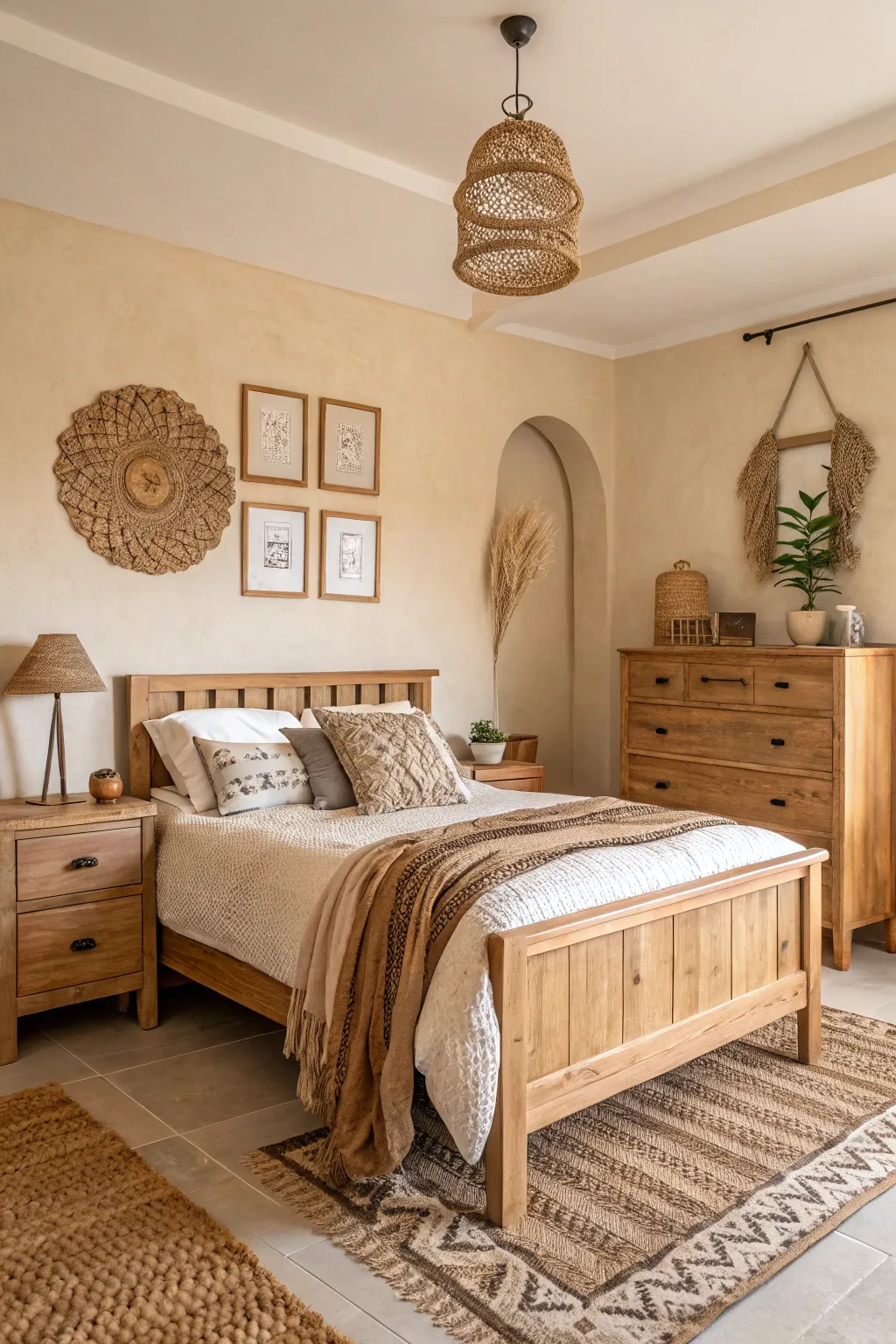 A grounded bedroom with light tan tones and natural materials.