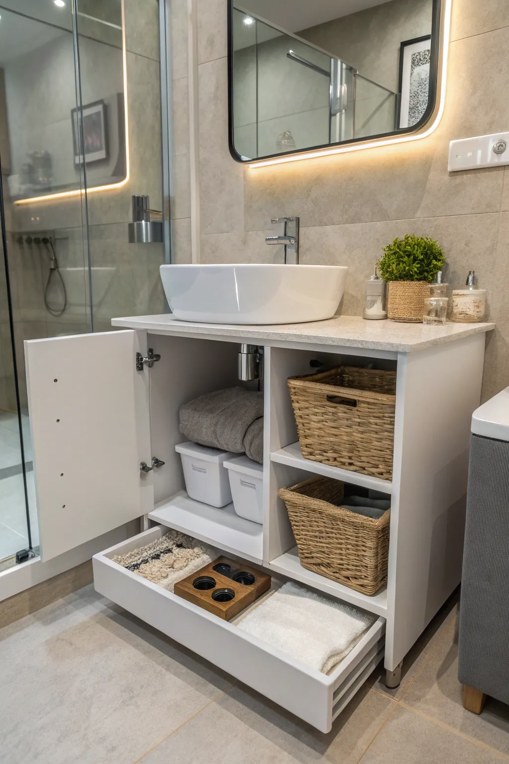 Multi-level cabinets offer versatile space for litter boxes and storage.