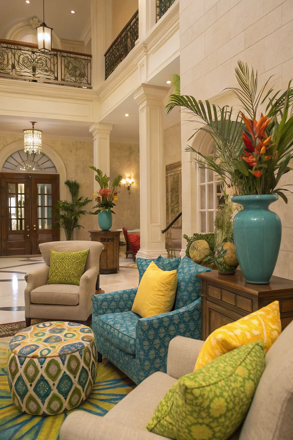 Color accents adding vibrancy to the lobby.