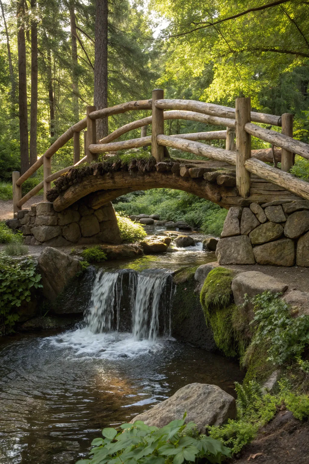 Experience tranquility as the handcrafted log bridge meets the soothing cascade of a forest waterfall.