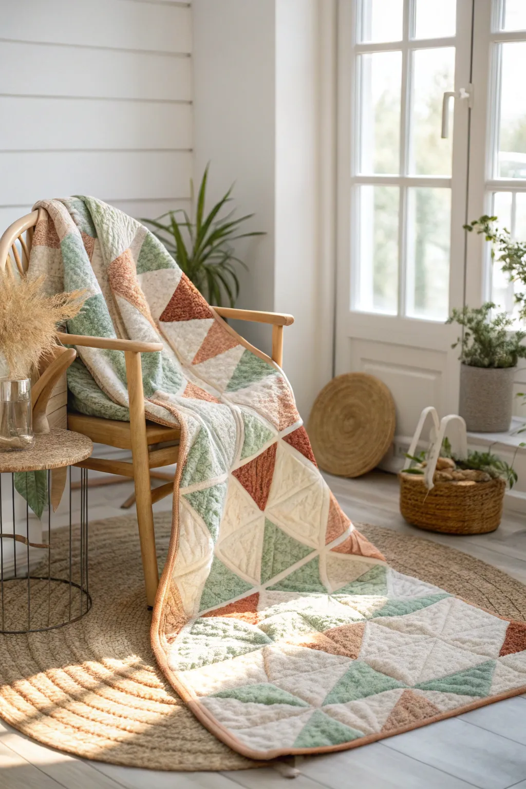 Embrace the charm of asymmetry with this modern log cabin quilt, where geometric artistry meets natural beauty.