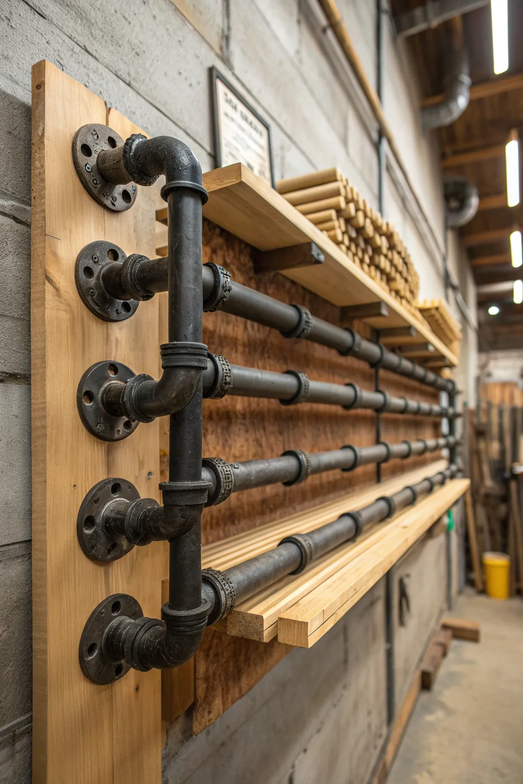 Elevate your workspace with the rugged elegance of pipe and flange racks, where industrial meets craftsmanship.