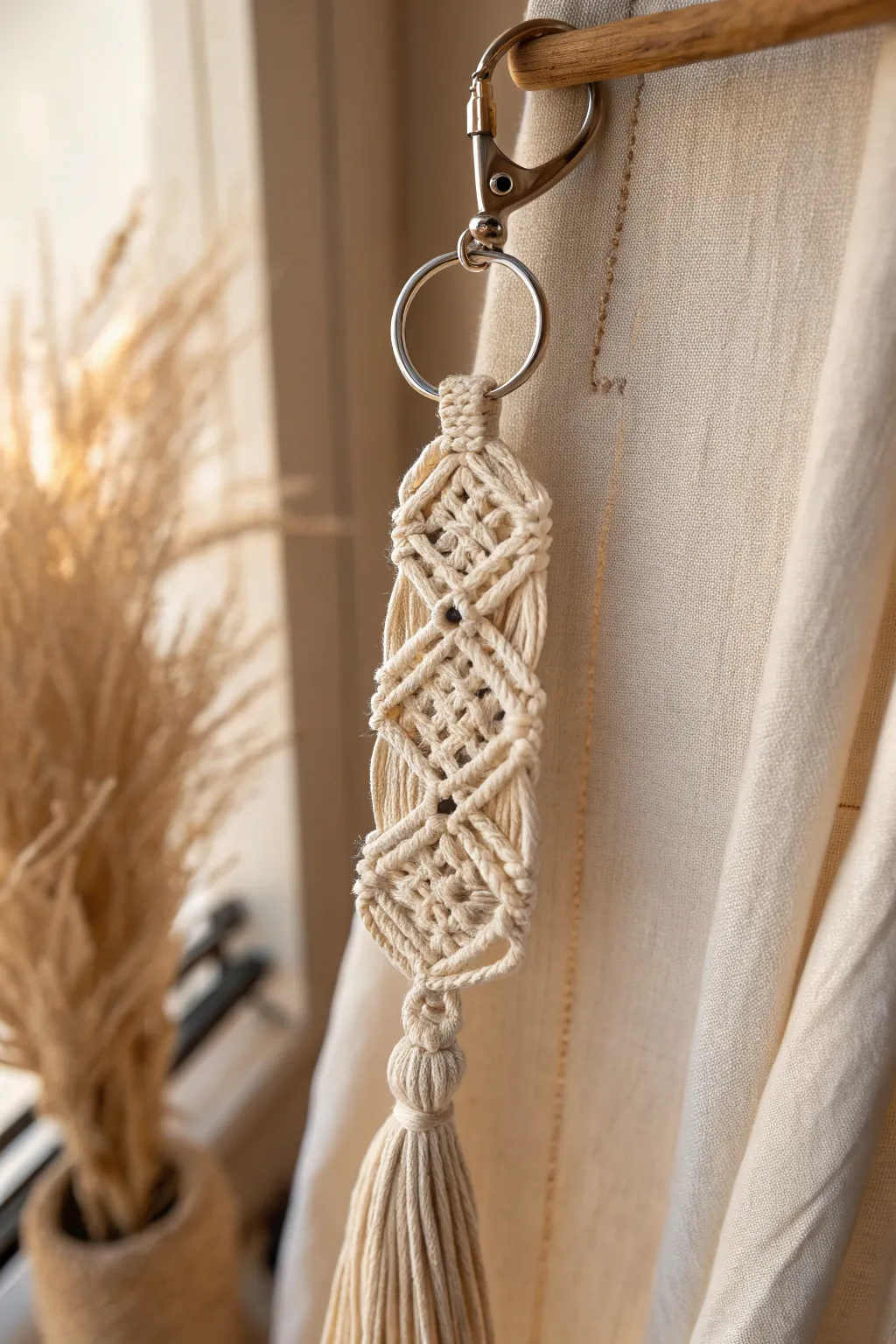 Add a touch of artistry to your keys with this stunning geometric macrame keychain. Simplicity meets elegance!