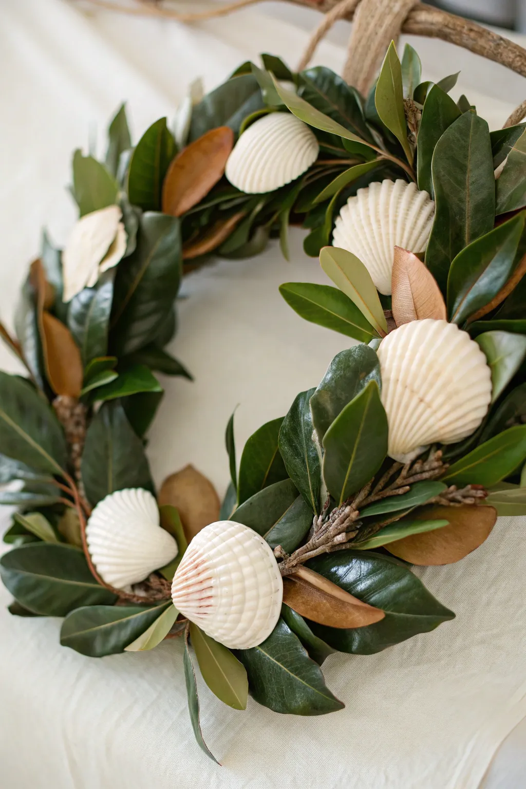 Bring the tranquility of the sea to your doorstep with this elegant Magnolia & Seashell Wreath.