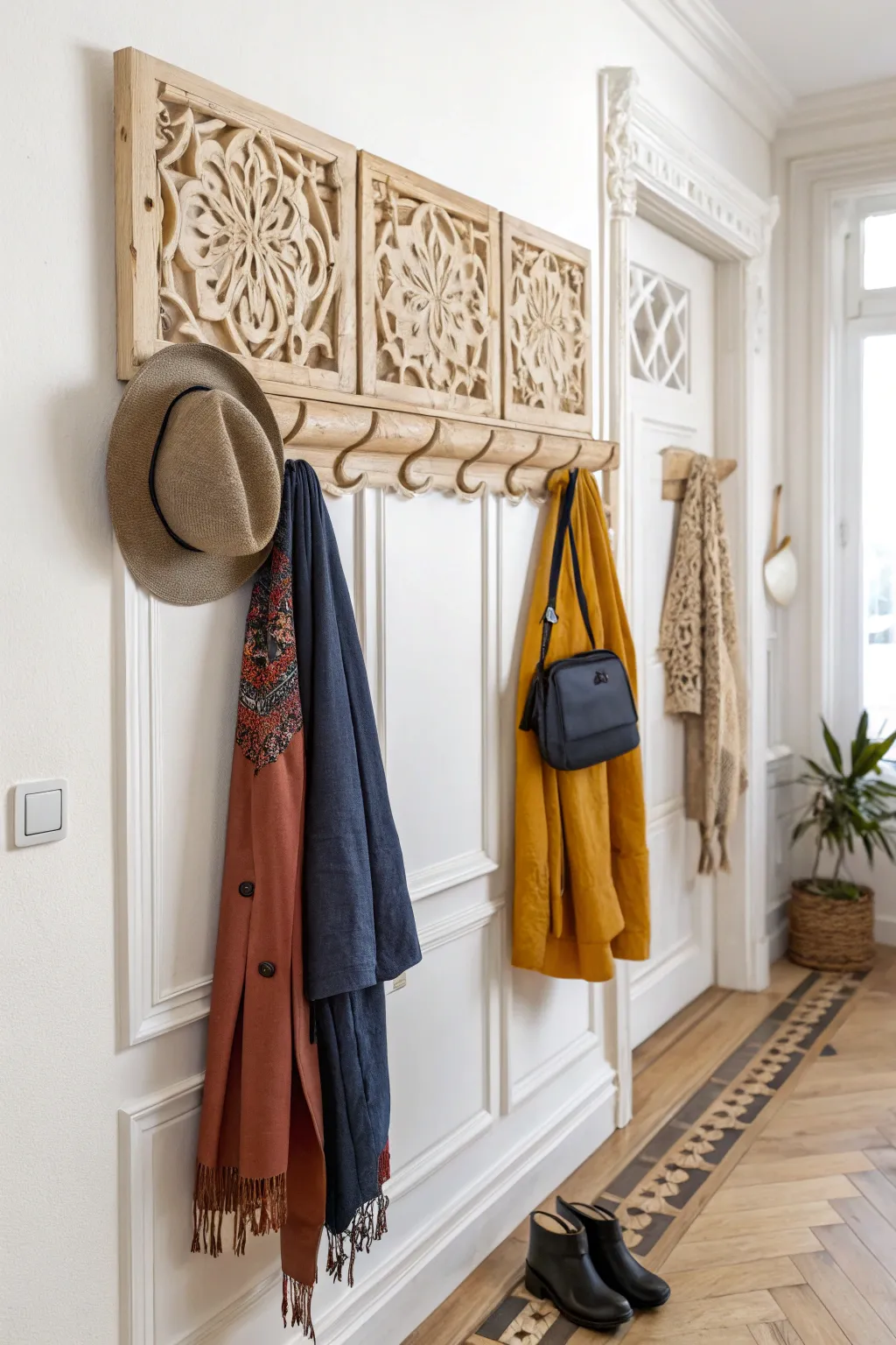 Transform your entryway with artistic hooks that blend Scandinavian simplicity and bohemian flair—perfect for a chic and welcoming space!