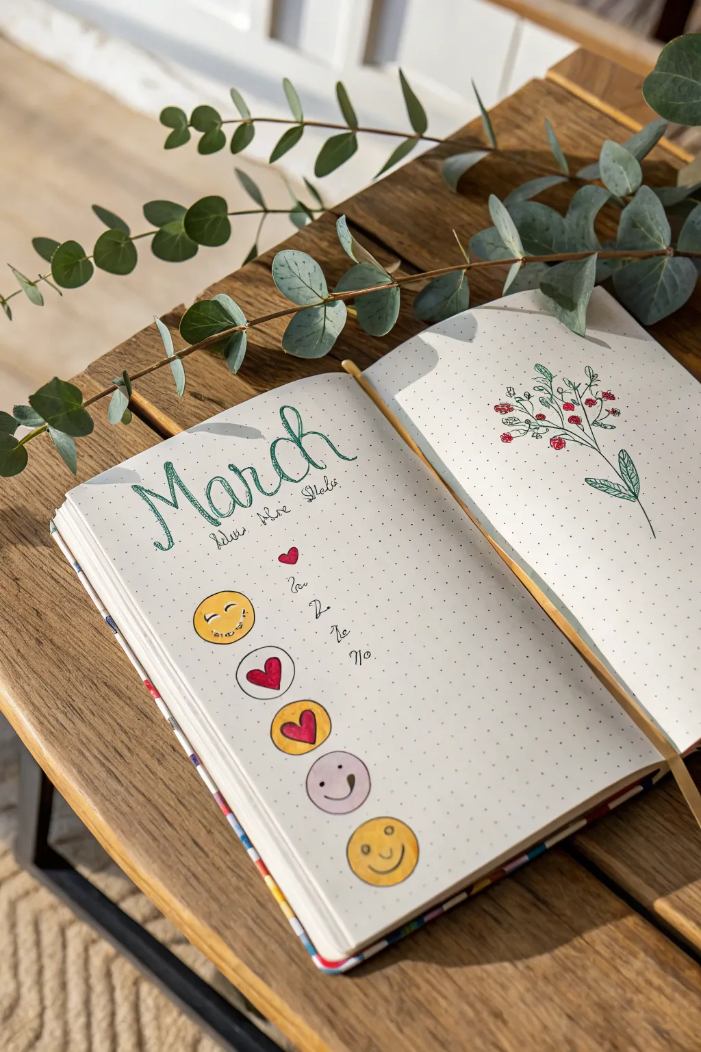 Add a playful touch to your March bullet journal with a splash of colorful emojis, blending minimalist elegance with a boho flair!