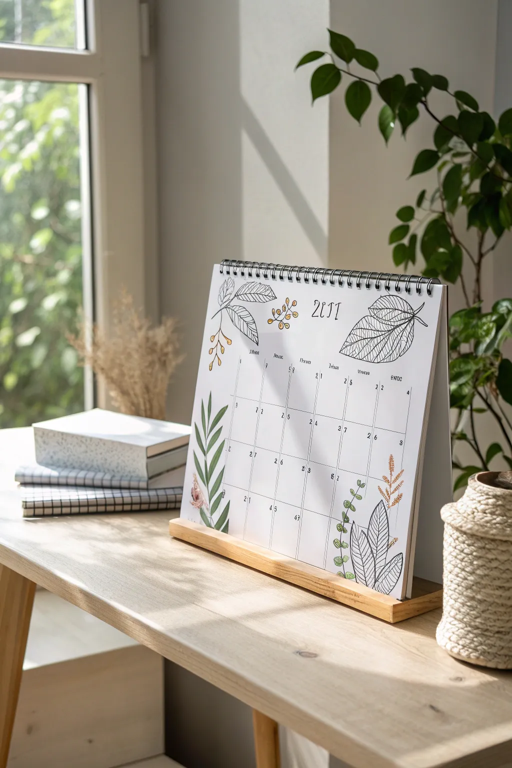 Bring the beauty of nature indoors with this minimalist whiteboard calendar adorned with hand-drawn leaves and branches. Perfect for welcoming spring!