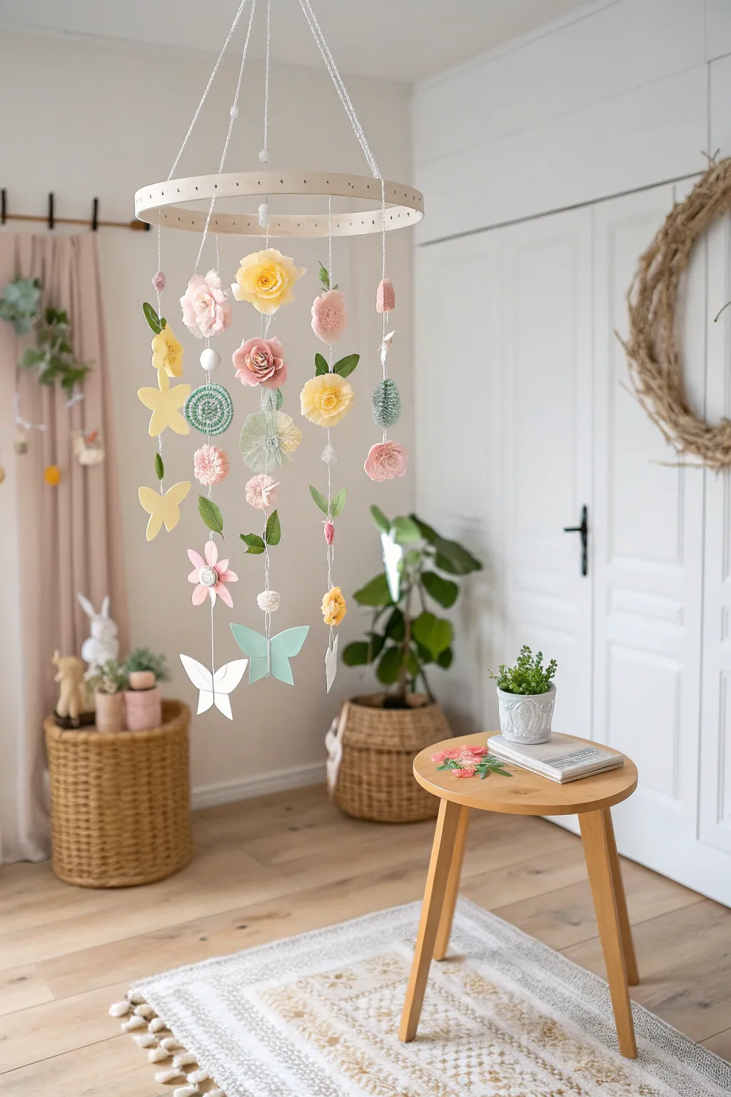 Elevate your space with the gentle sway of springtime paper mobiles, combining minimalist elegance with a touch of boho charm.