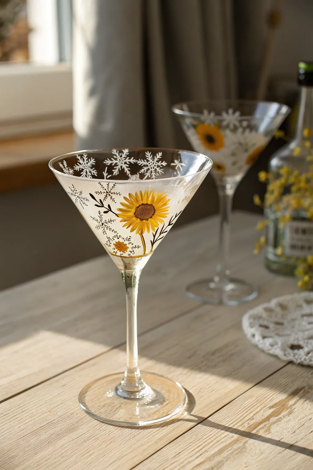Sip in style with seasonal elegance; a martini glass that captures the essence of winter and summer in one artful creation.