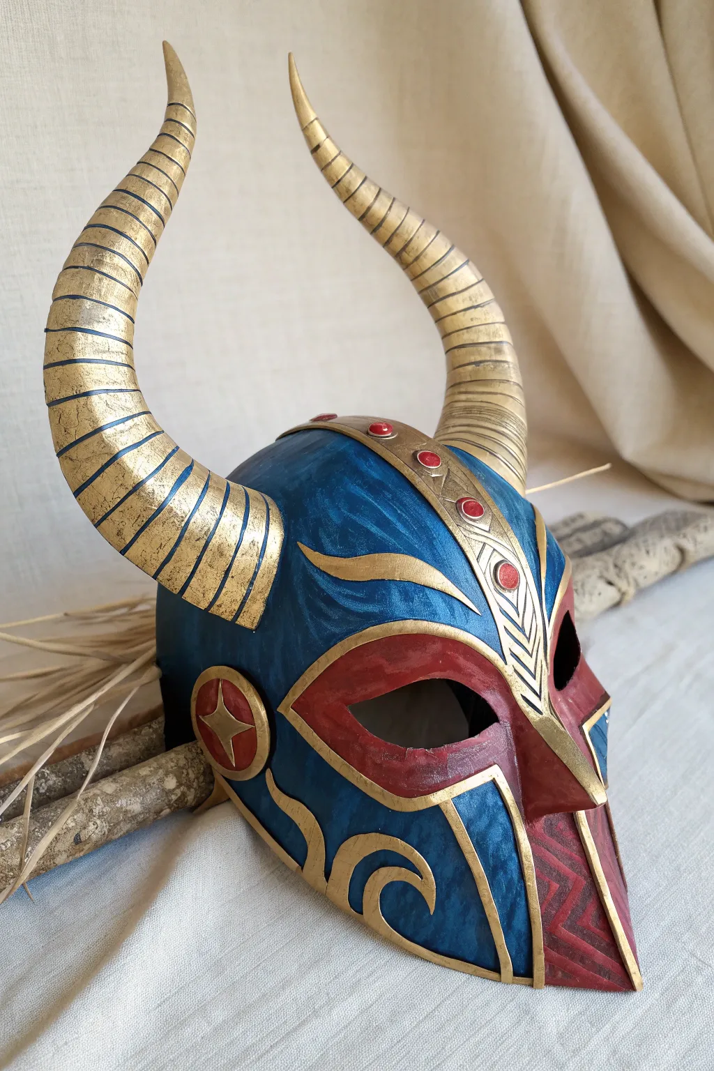 Unleash your imagination with this stunning fantasy mask, where bold colors meet minimalist design.