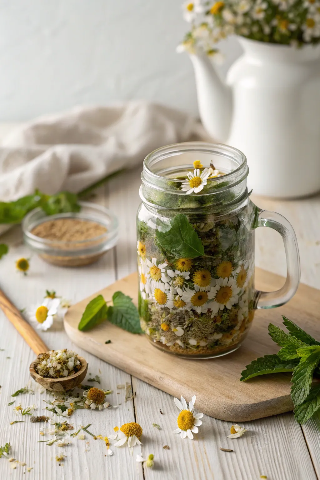 Craft a serene moment with a personalized chamomile and mint tea blend, elegantly captured in a minimalist style.