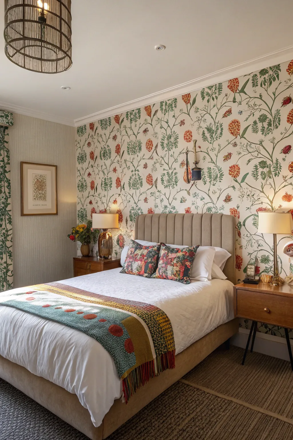 Guest room with eclectic wallpaper and cozy bedding.