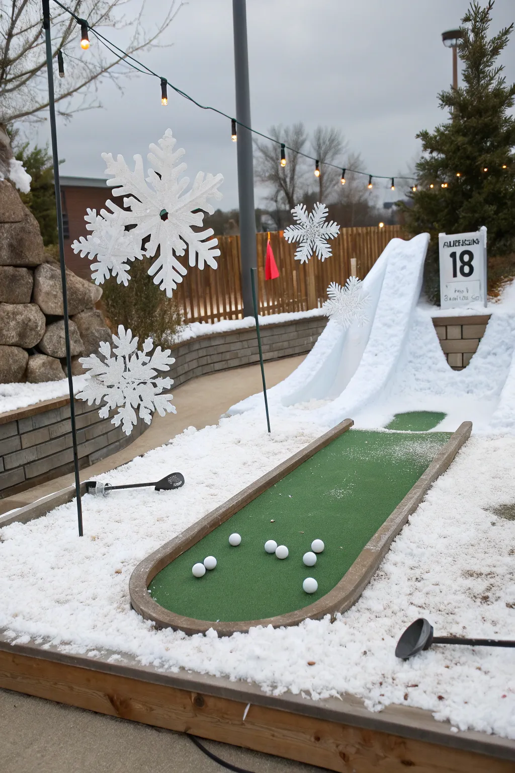 Immerse in a Winter Wonderland: A handcrafted mini golf hole that brings festive charm and snowy elegance to your game.