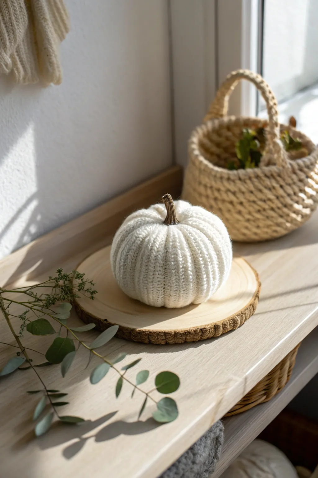 Cozy up your decor with a charming wrapped yarn pumpkin, perfect for adding warmth and texture to any minimalist space.