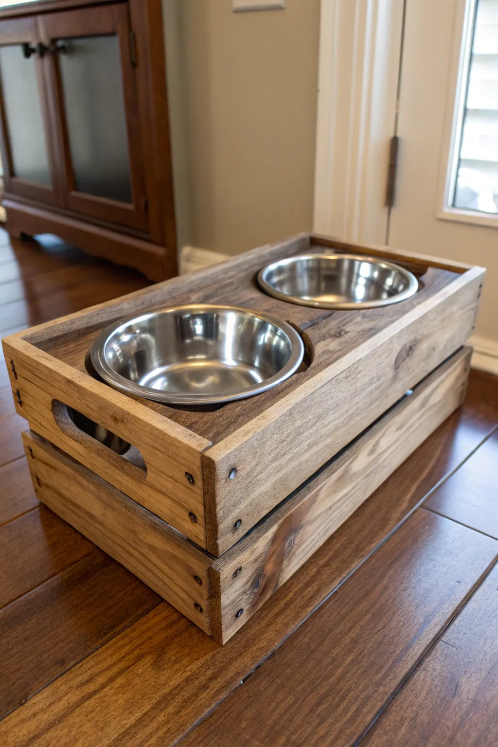 Elevate your pet's mealtime with this handcrafted wooden crate food station.