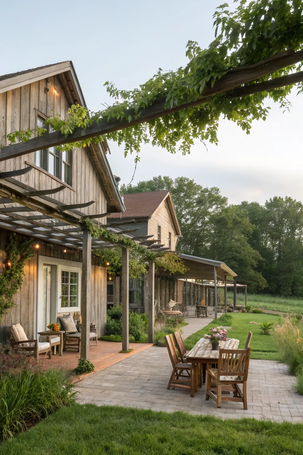 Pergola-style awnings create a grand and inviting outdoor space.