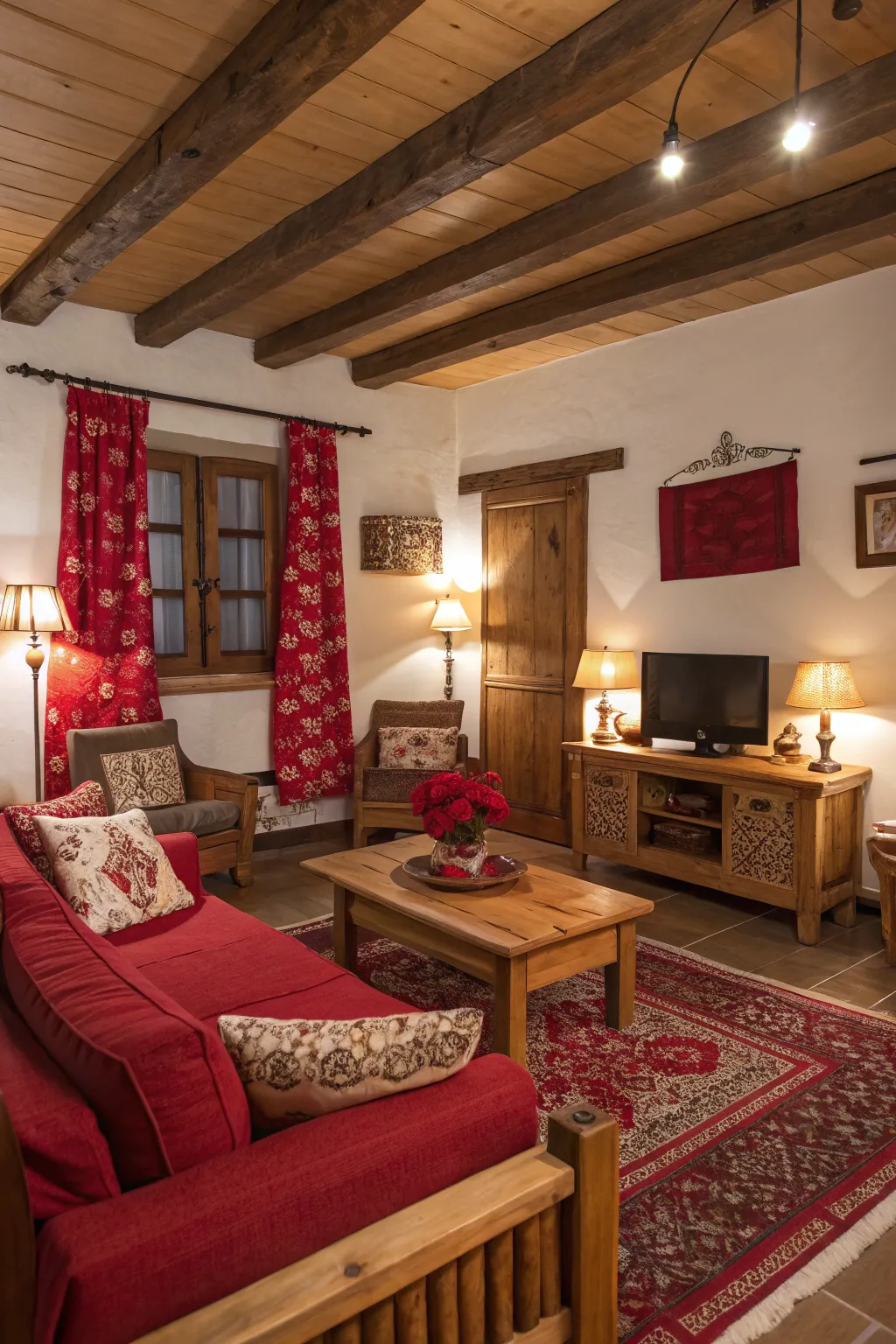 Rustic reds create a cozy and inviting atmosphere.