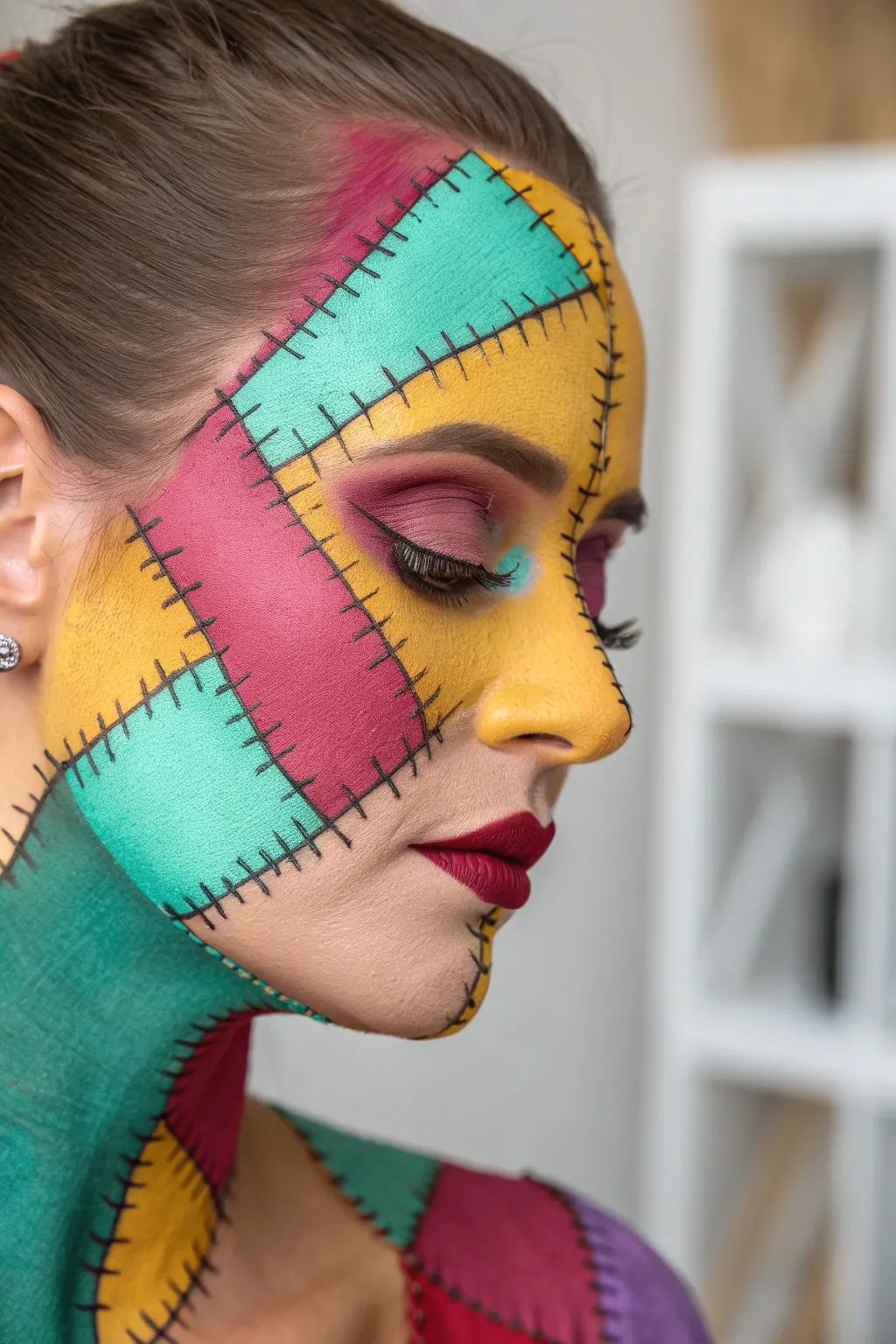 Unleash your inner creativity with this vibrant patchwork monster makeup—where bold colors meet minimalist elegance!
