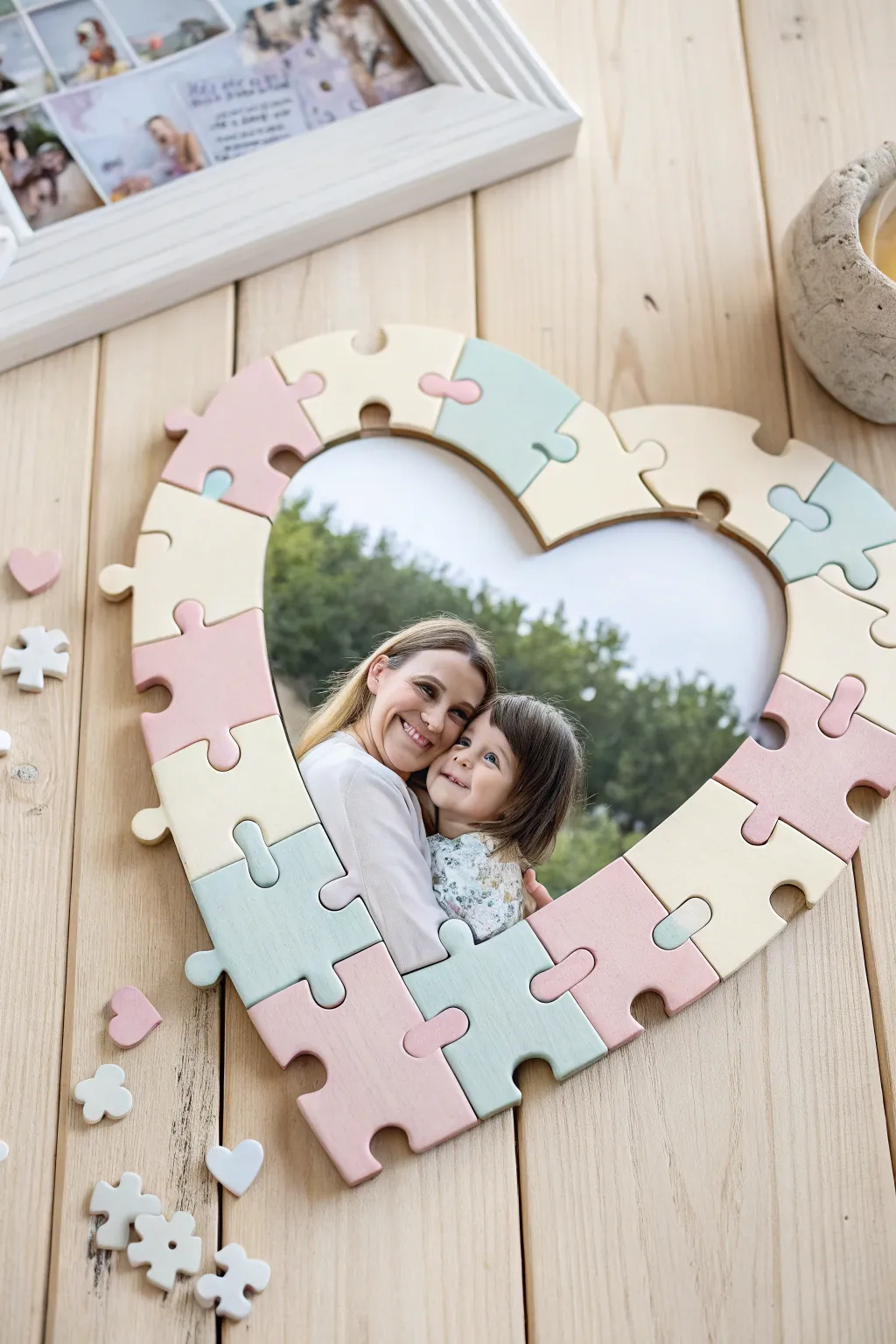 Celebrate Mother's Day with a heartfelt craft: a puzzle piece frame that shows mom she's 'loved to pieces.'