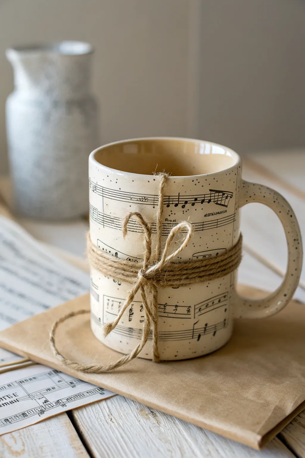Elevate your gift-giving with upcycled elegance: A mug wrapped in story-filled sheet music.