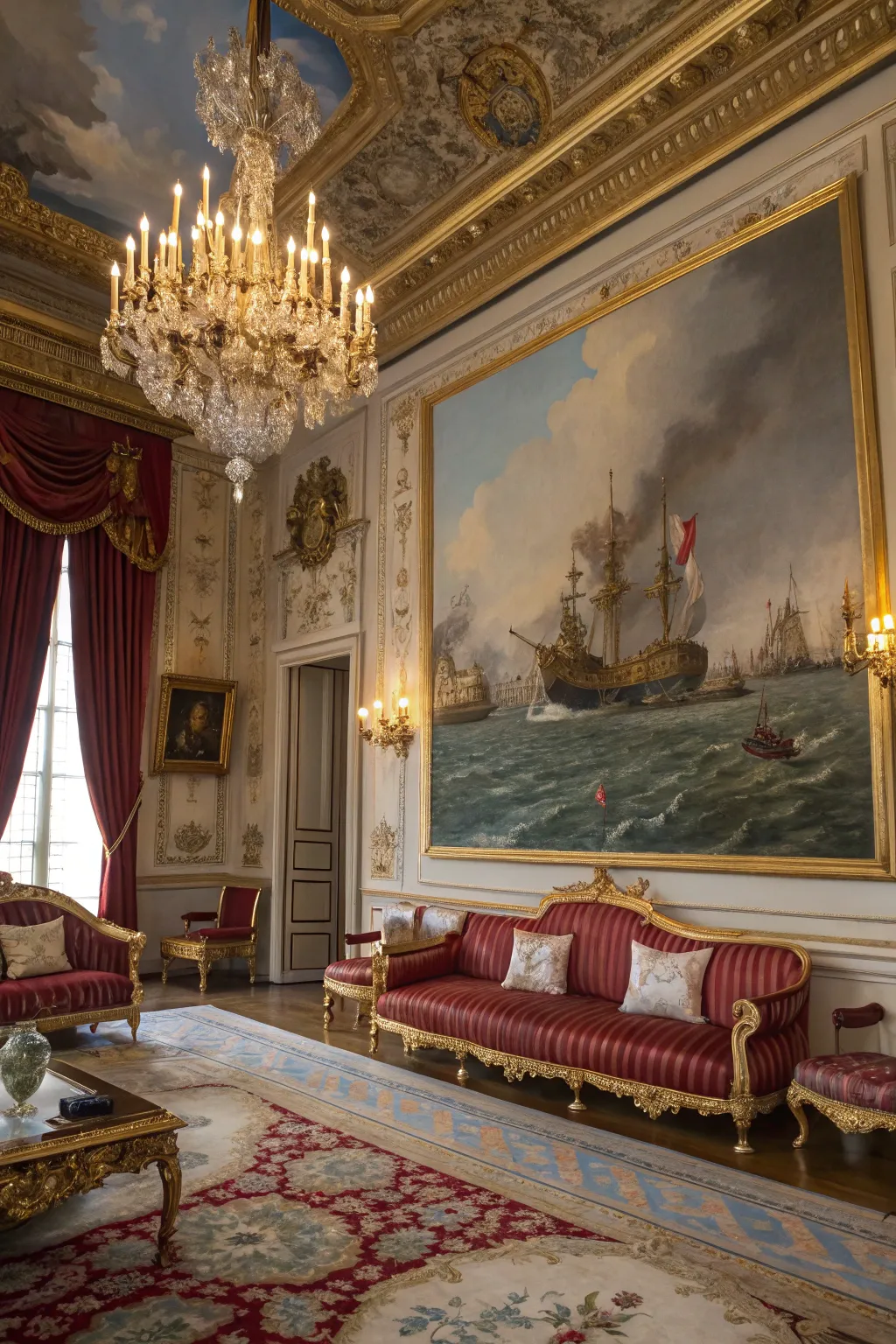 Add historical drama with naval battle paintings.