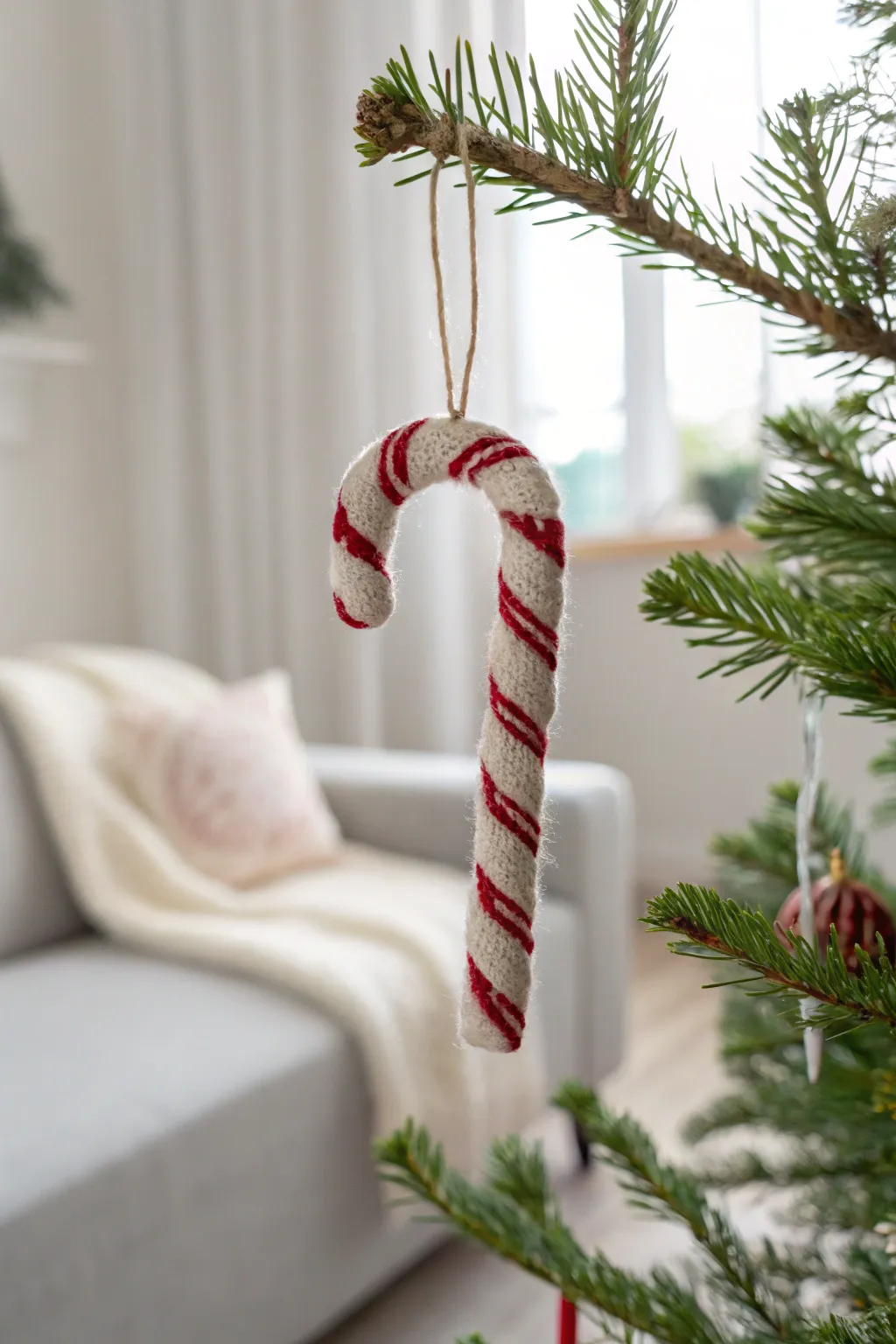 Add a touch of handcrafted charm to your tree with this elegant felted candy cane ornament. 🎄✨