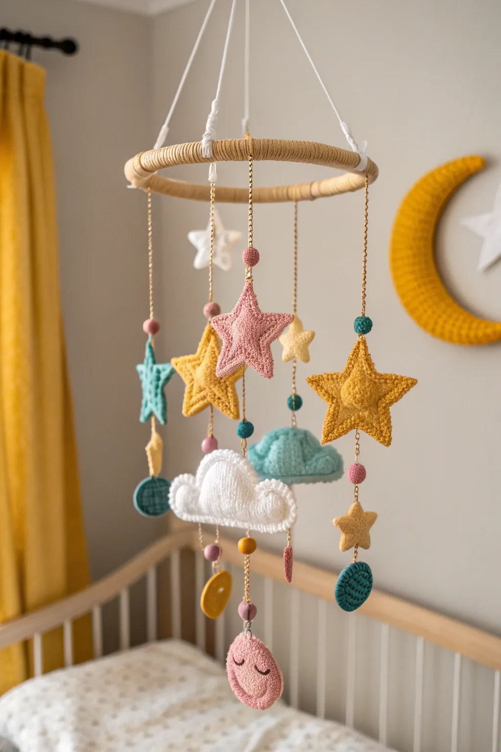 Add a personal touch to your nursery with this handcrafted needlepoint baby mobile, where simplicity meets playful elegance.