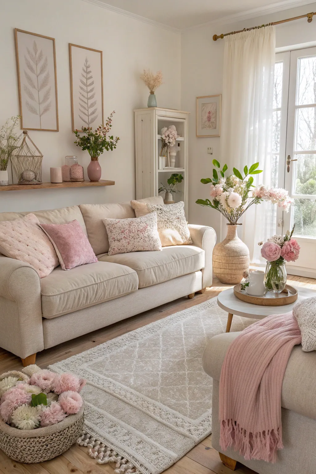 Pastel accents add a soft, airy touch to a neutral living room.