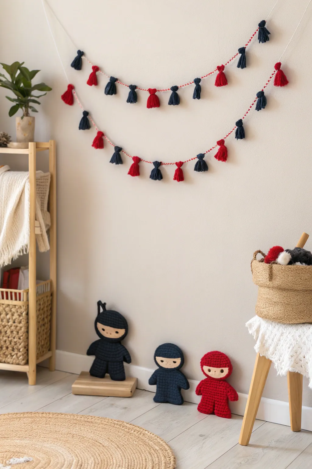 Add a playful touch with this handcrafted ninja garland, perfect for a chic, minimalist vibe!