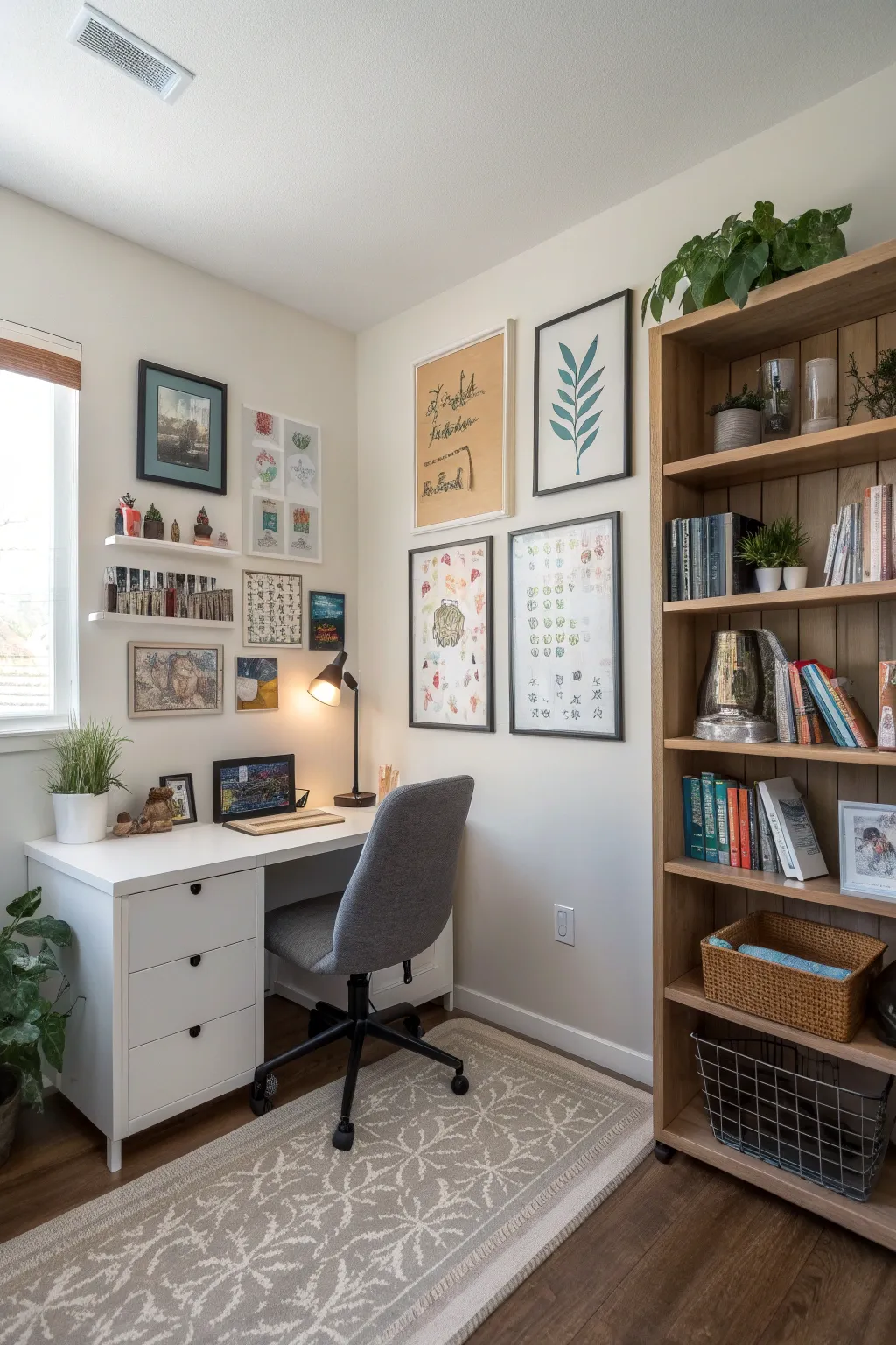A home office with inspirational quotes displayed on the wall.