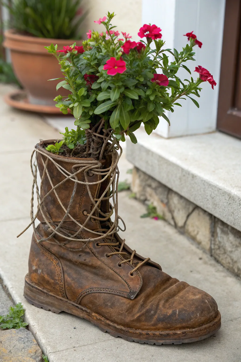 Transform your garden with a charming twist: an old boot planter wrapped in wire for a dash of artistic elegance.