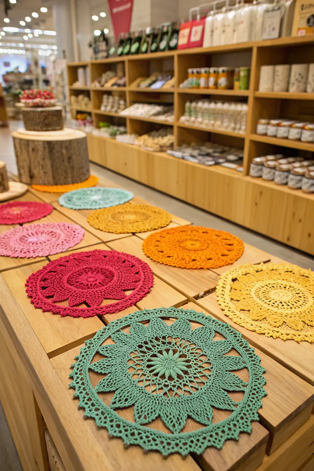 Colorful doilies arranged on wooden surfaces.