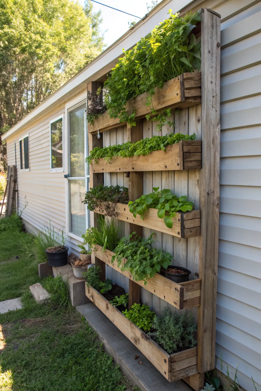 Transform your mobile home exterior with a stunning vertical garden that showcases craftsmanship and sustainability.