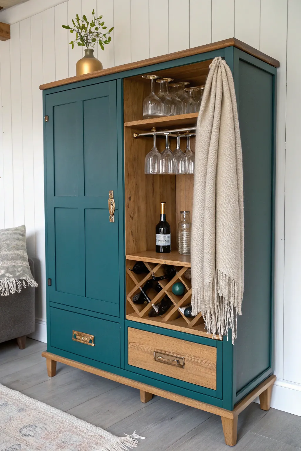 Transform your old wardrobe into a stunning mini-bar centerpiece with a touch of Scandinavian-boho flair!