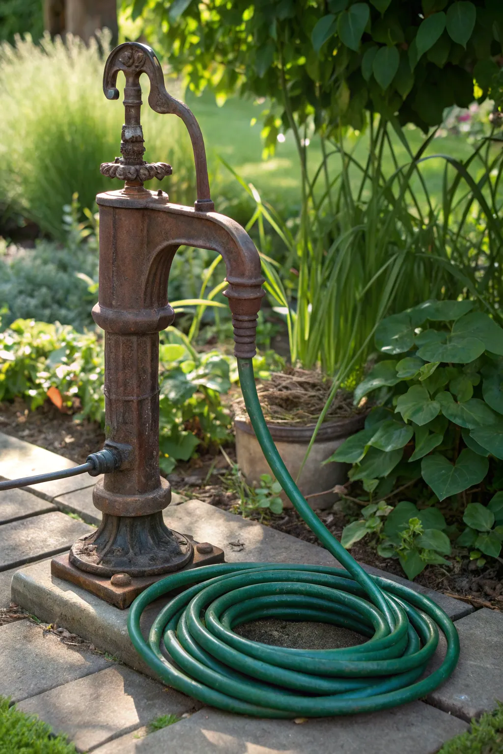 Transform tradition into utility with this vintage water pump hose holder.