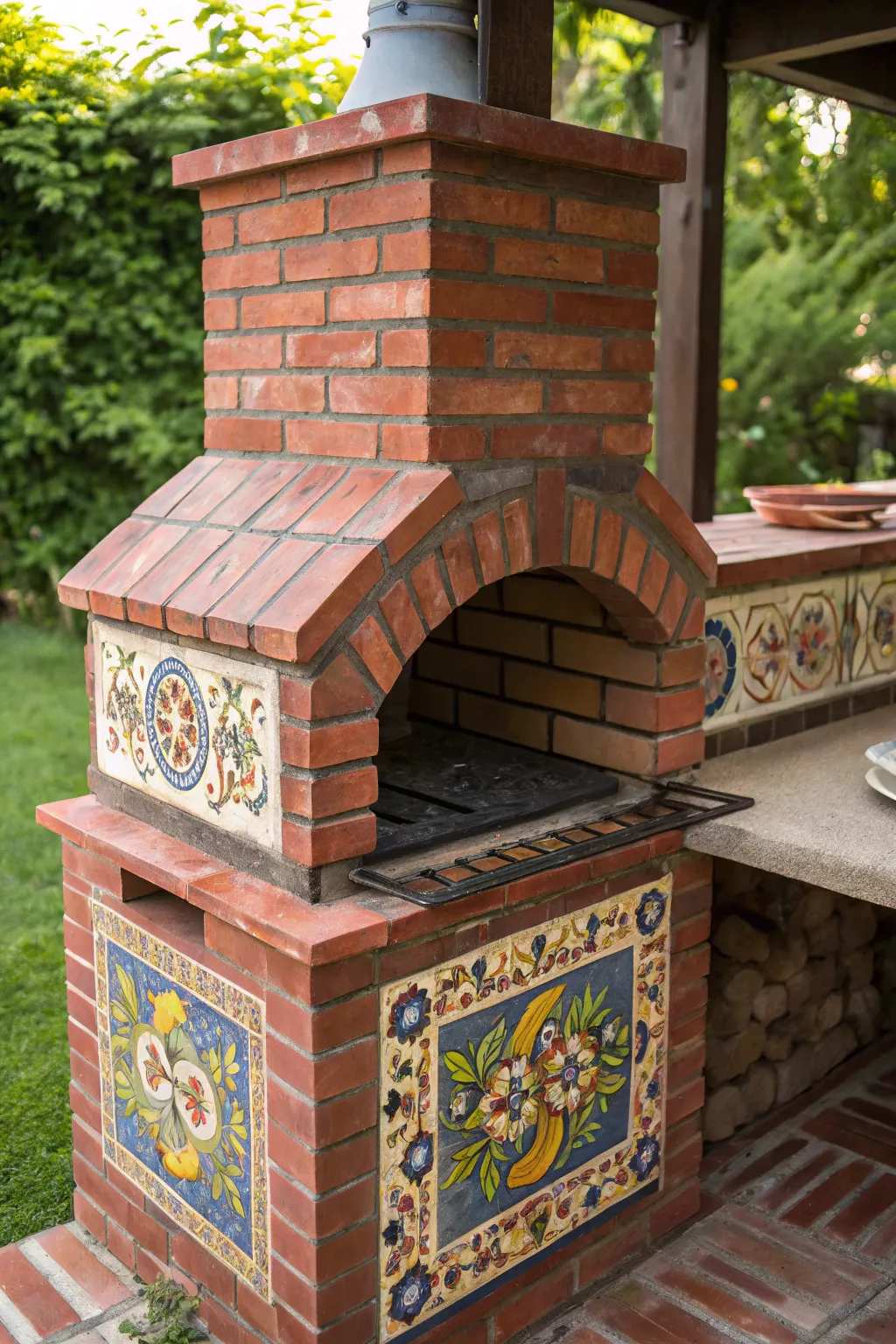 Elevate your outdoor cooking space with artisanal charm: A brick BBQ adorned with stunning decorative tiles.