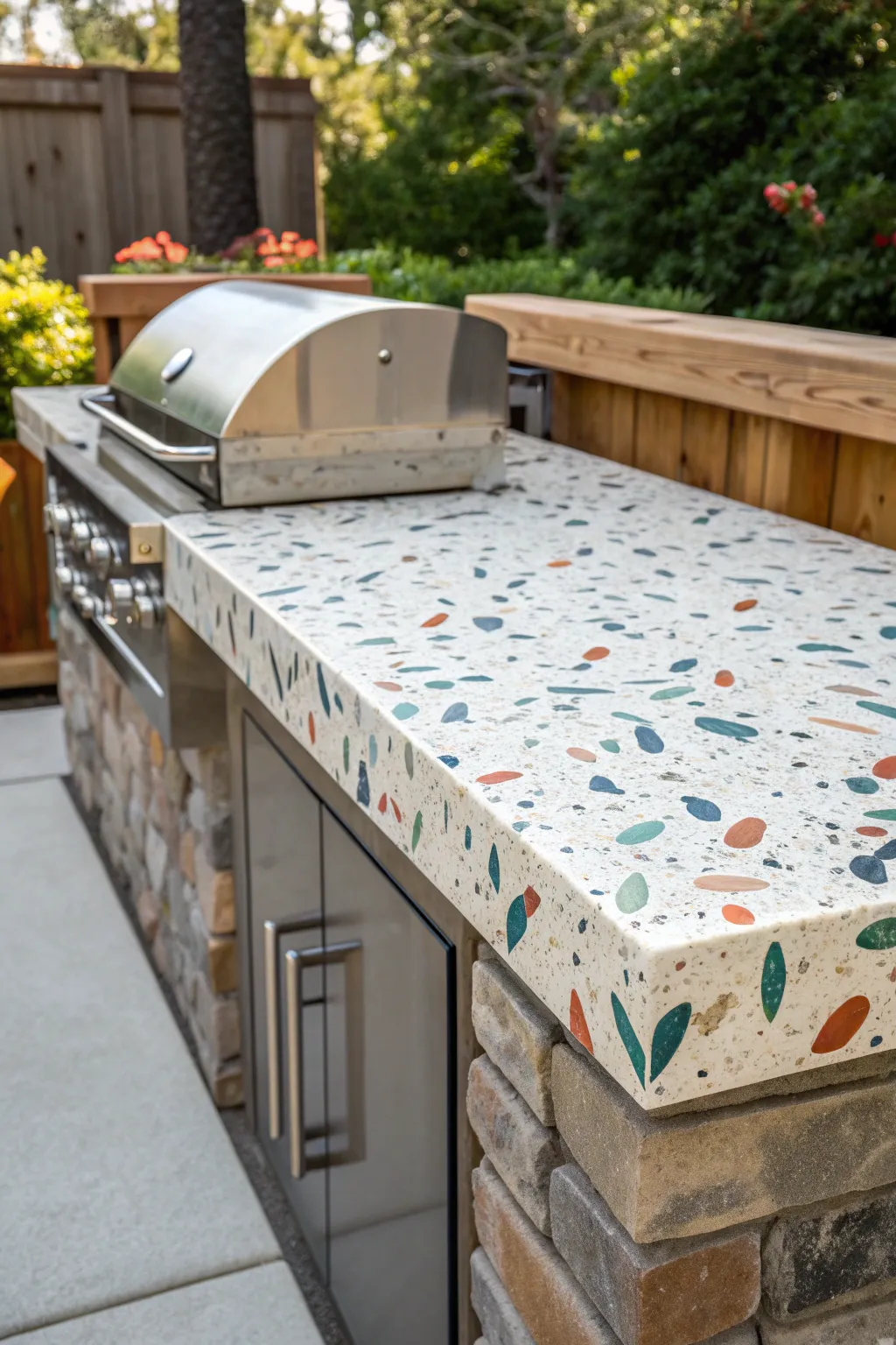 Elevate your outdoor kitchen with the bold artistry of terrazzo—a perfect blend of durability and playful design.